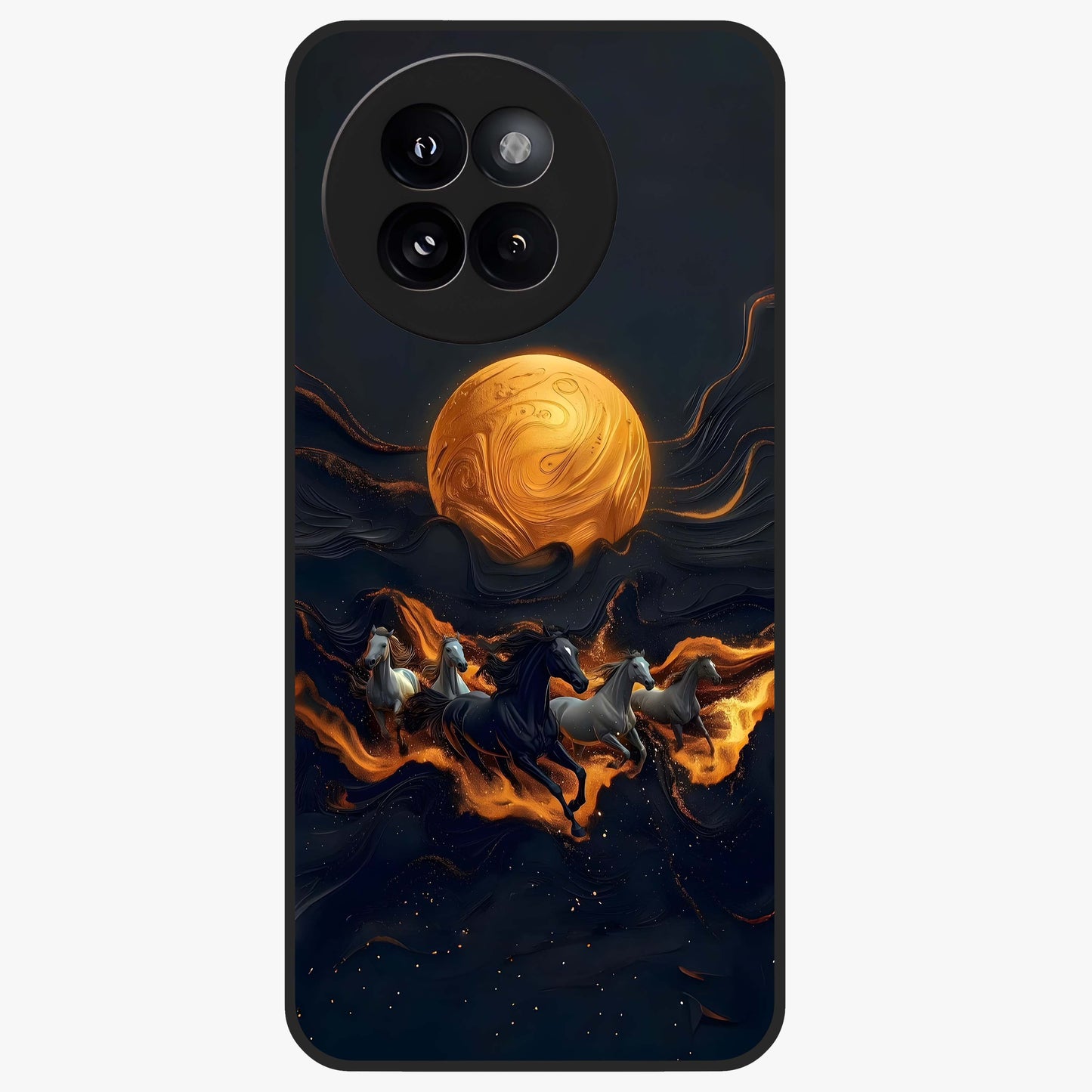 Golden Stallion Moonride Glass Case showing flat back view with majestic horse under moonlight artwork and glossy glass finish.