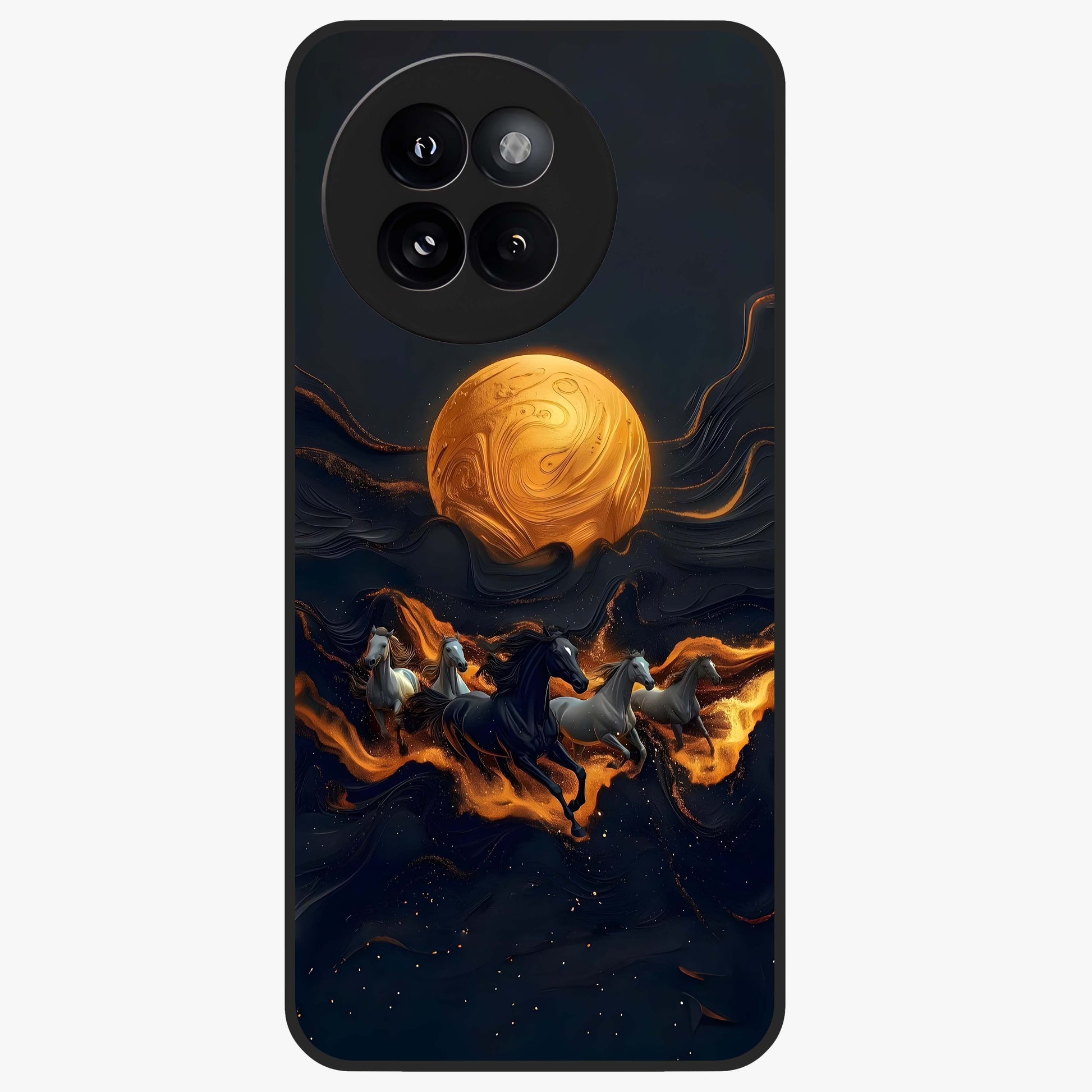 Golden Stallion Moonride Glass Case showing flat back view with majestic horse under moonlight artwork and glossy glass finish.