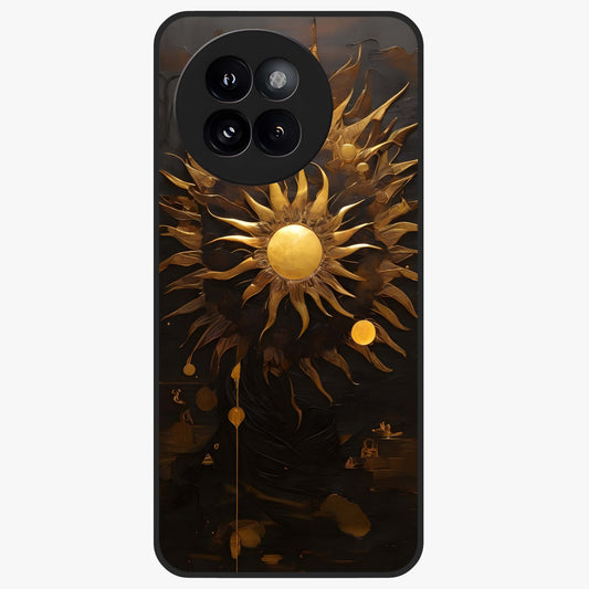 Golden Sun Majesty Glass Case showing flat back view with radiant golden sun artwork and glossy glass finish.