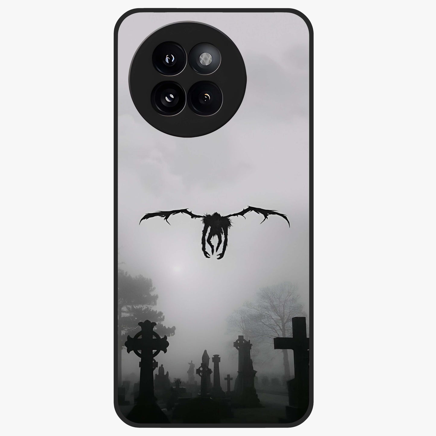 Graveyard Shadow Descent Glass Case showing flat back view with dark graveyard themed artwork and glossy glass finish.