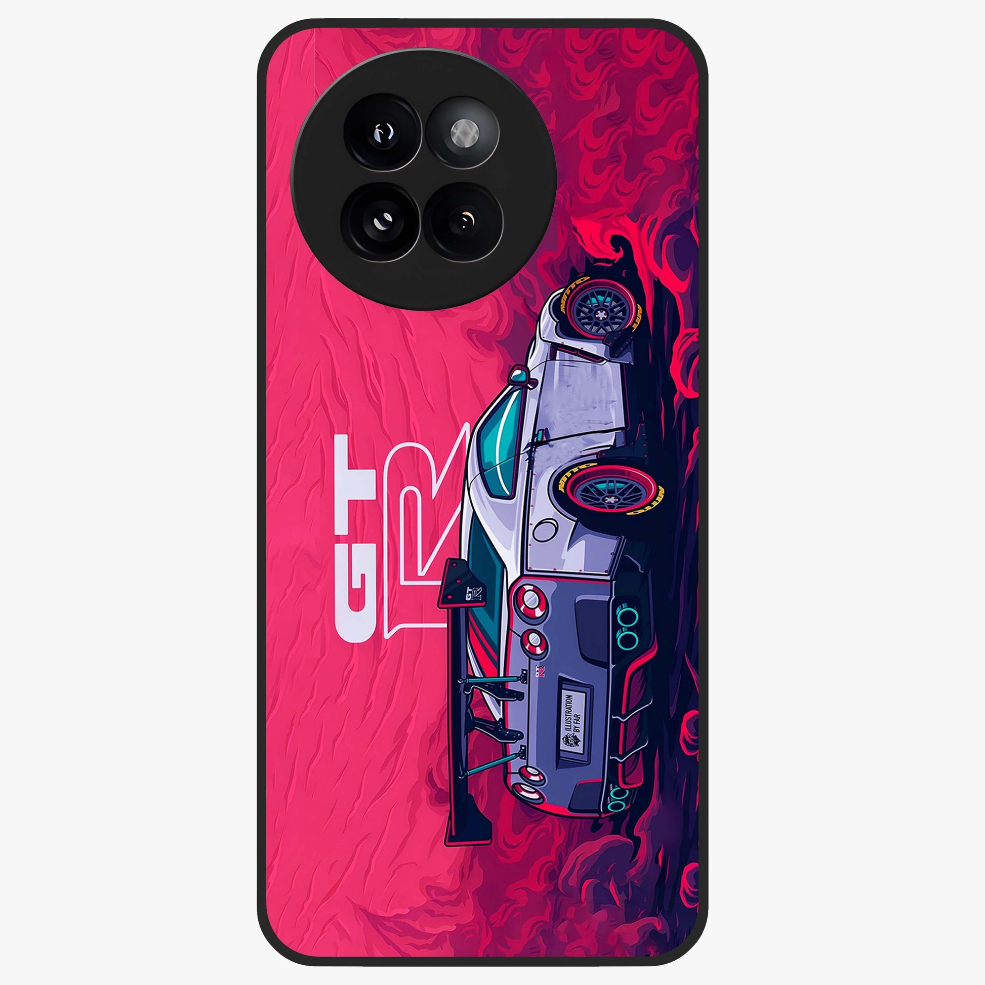 GT-R Car Pattern Glass Case showing flat back view with sporty car inspired pattern artwork and glossy glass finish.