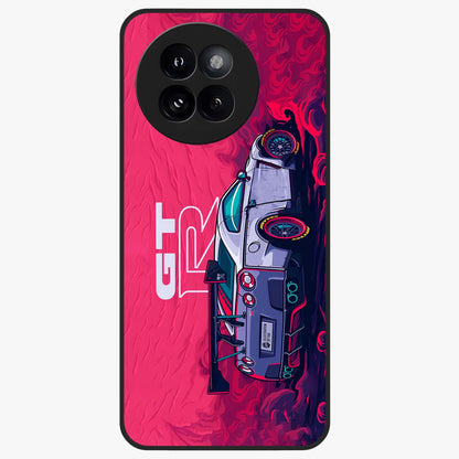 GT-R Car Pattern Glass Case showing flat back view with sporty car inspired pattern artwork and glossy glass finish.