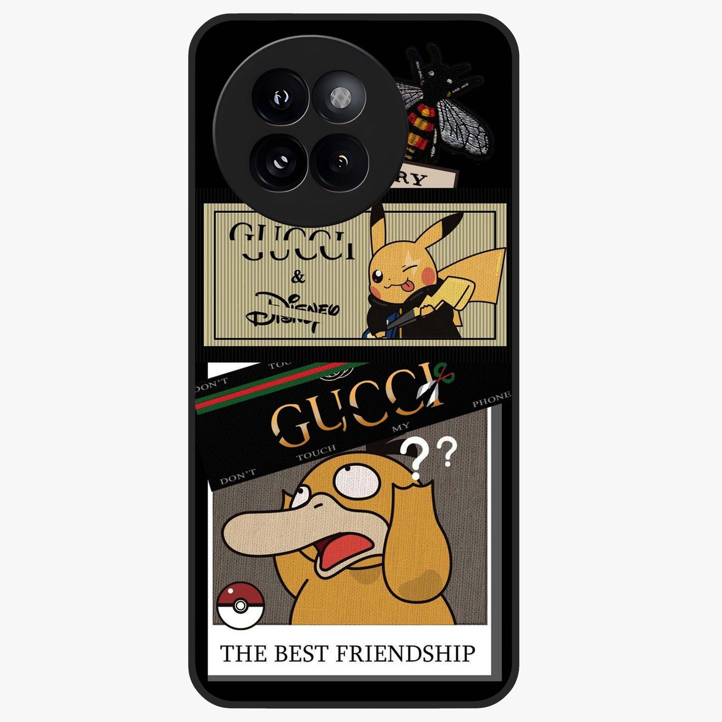 Gucci Play Mashup Glass Case showing flat back view with luxury inspired graphic artwork and glossy glass finish.