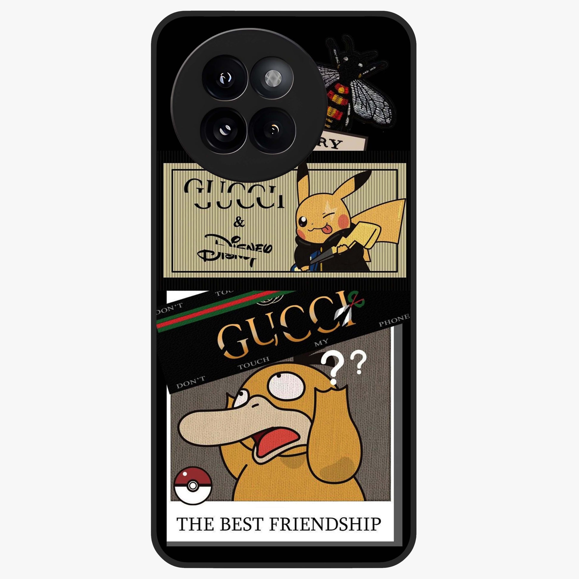 Gucci Play Mashup Glass Case showing flat back view with luxury inspired graphic artwork and glossy glass finish.
