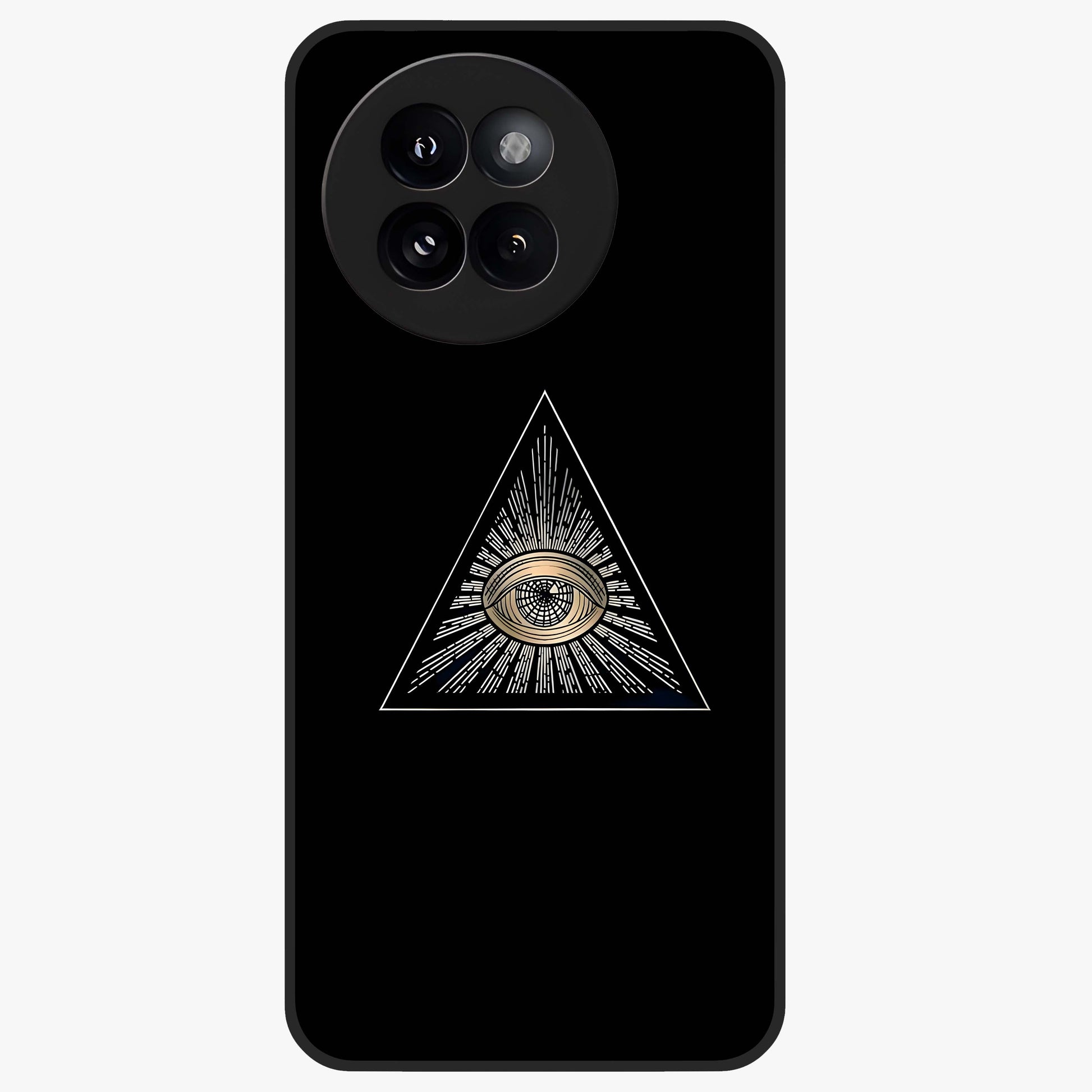 Illuminati Evil Glass Case showing flat back view with mysterious illuminati symbol artwork and glossy glass finish.