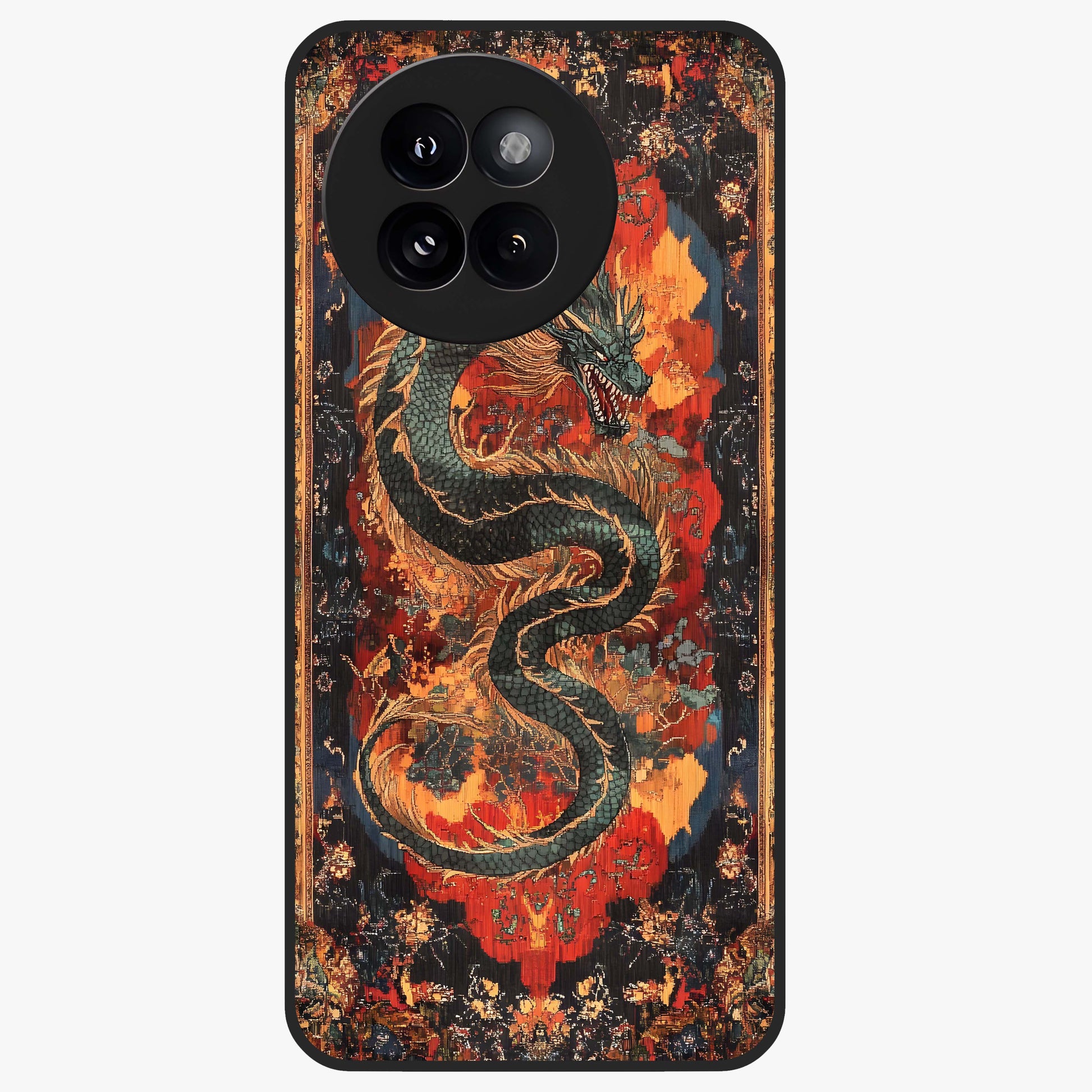 Inferno Dragon Soul Glass Case showing flat back view with fiery dragon artwork and glossy glass finish.