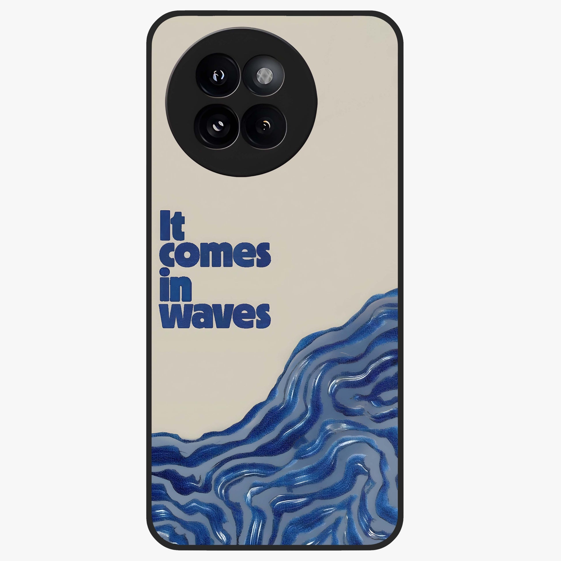 It Comes In Waves Quote Glass Case showing flat back view with inspirational wave themed quote artwork and glossy glass finish.