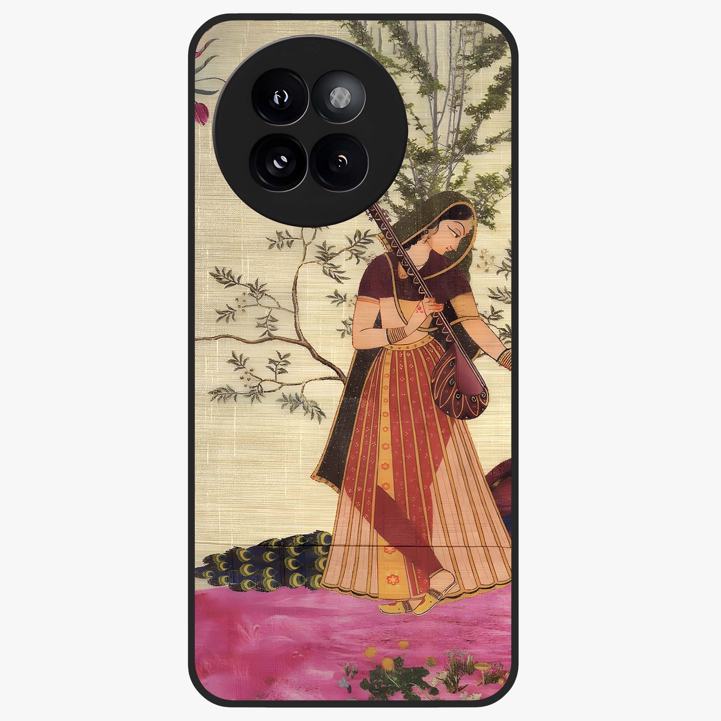 Lady With Veena Art Glass Case showing flat back view with elegant woman playing veena artwork and glossy glass finish.