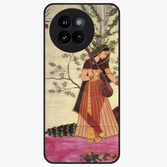 Lady With Veena Art Glass Case showing flat back view with elegant woman playing veena artwork and glossy glass finish.