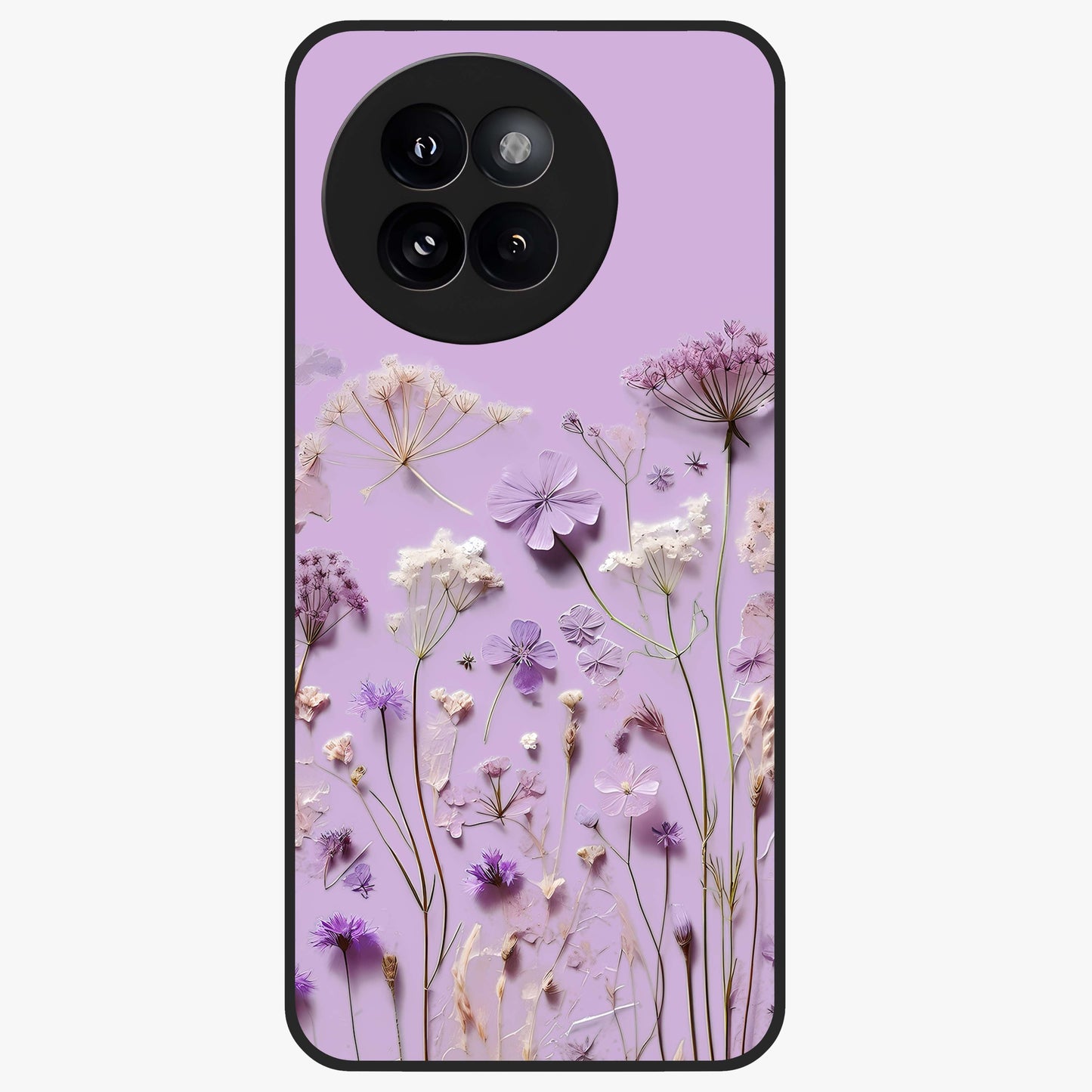 Lavender Blossom Dream Glass Case showing flat back view with soft lavender floral artwork and glossy glass finish.