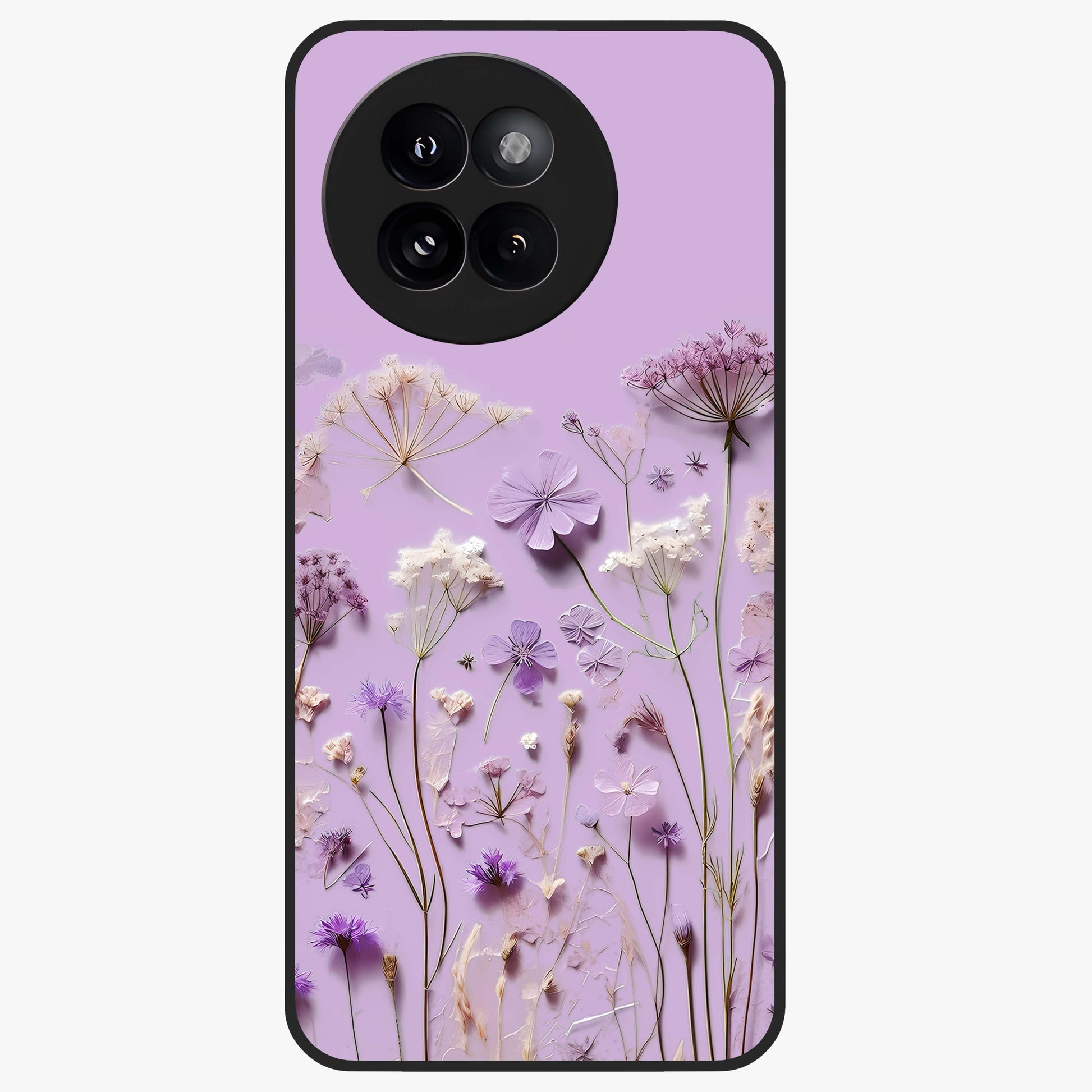Lavender Blossom Dream Glass Case showing flat back view with soft lavender floral artwork and glossy glass finish.