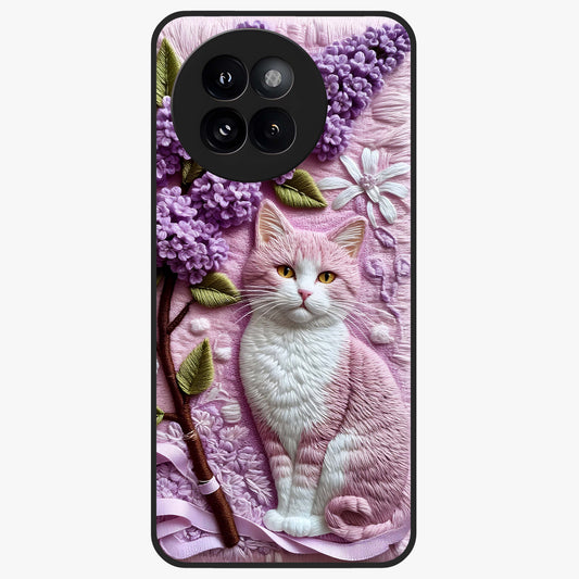 Lavender Cat Whimsy Glass Case showing flat back view with cute lavender cat artwork and glossy glass finish.