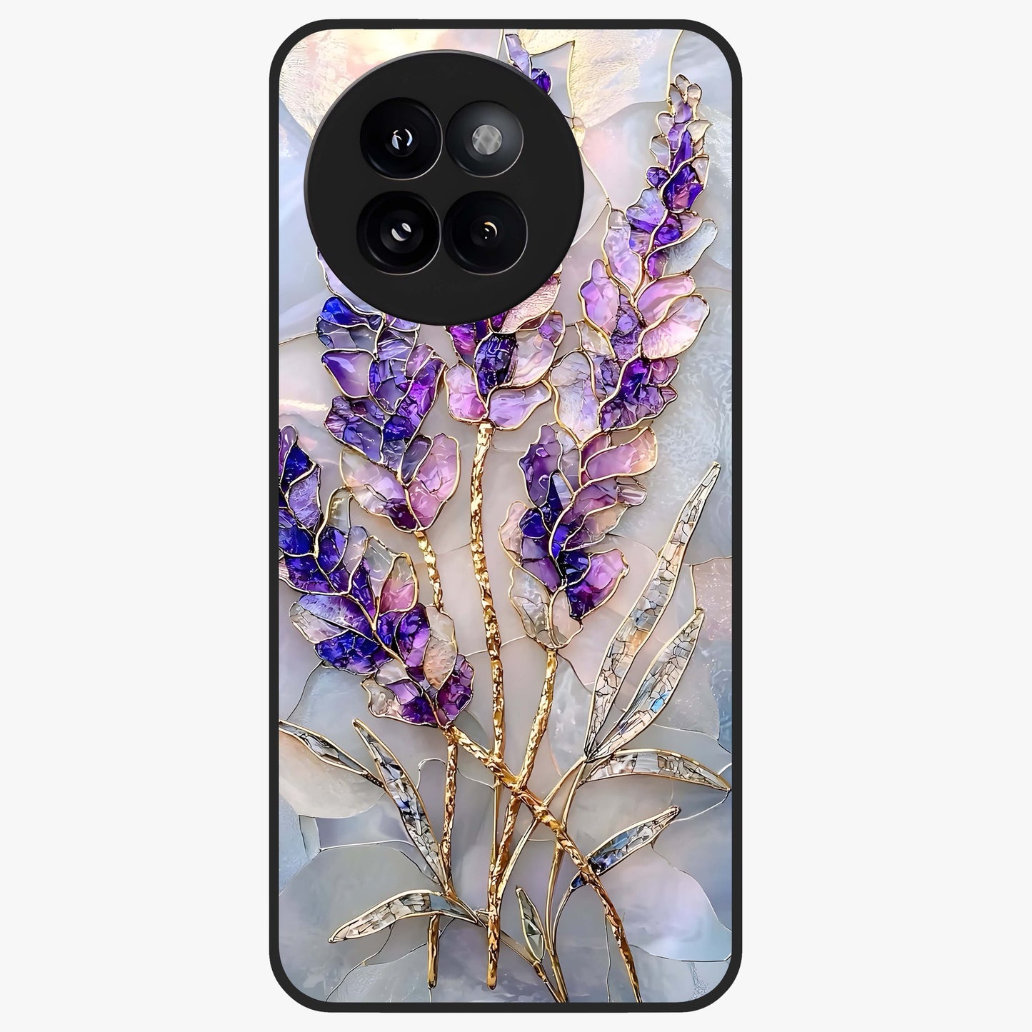Lavender Dream Glow Glass Case showing flat back view with glowing lavender aesthetic artwork and glossy glass finish.