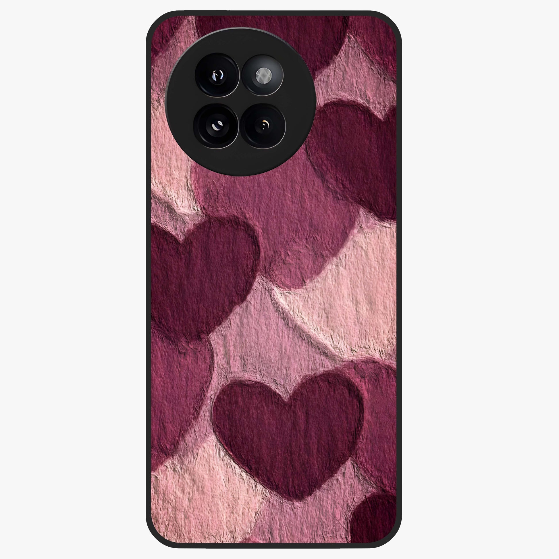 Layered Paper Hearts Glass Case showing flat back view with layered paper heart artwork and glossy glass finish.