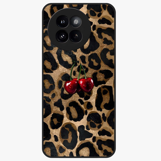Leopard Wild Cherry Glass Case showing flat back view with leopard pattern and cherry artwork and glossy glass finish.