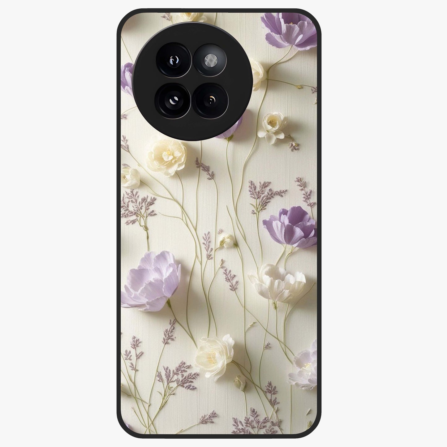 Lilac Breeze Harmony Glass Case showing flat back view with soft lilac themed artwork and glossy glass finish.
