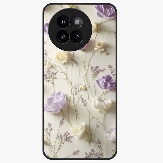 Lilac Breeze Harmony Glass Case showing flat back view with soft lilac themed artwork and glossy glass finish.