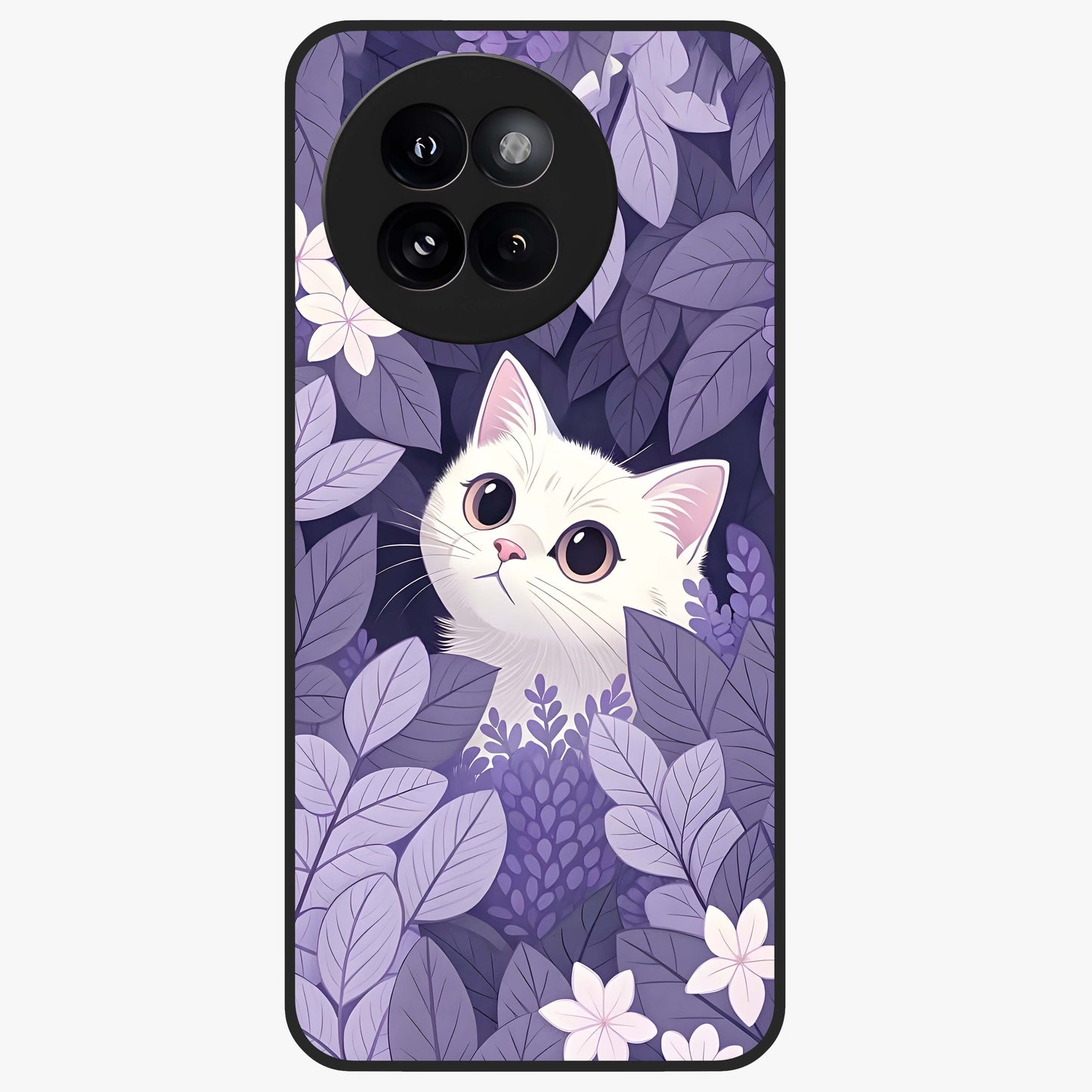 Lilac Hide Peek Cat Glass Case showing flat back view with cute peeking cat artwork and glossy glass finish.