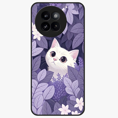 Lilac Hide Peek Cat Glass Case showing flat back view with cute peeking cat artwork and glossy glass finish.