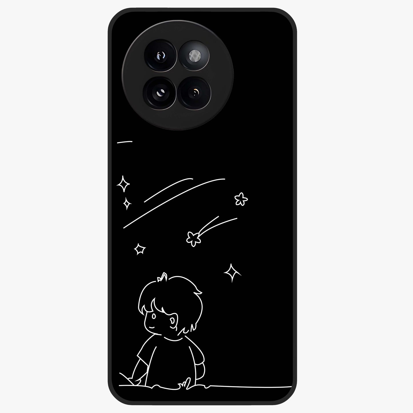 Line Art Boy With Shooting Stars Glass Case showing flat back view with minimal line art boy and shooting stars illustration and glossy glass finish.