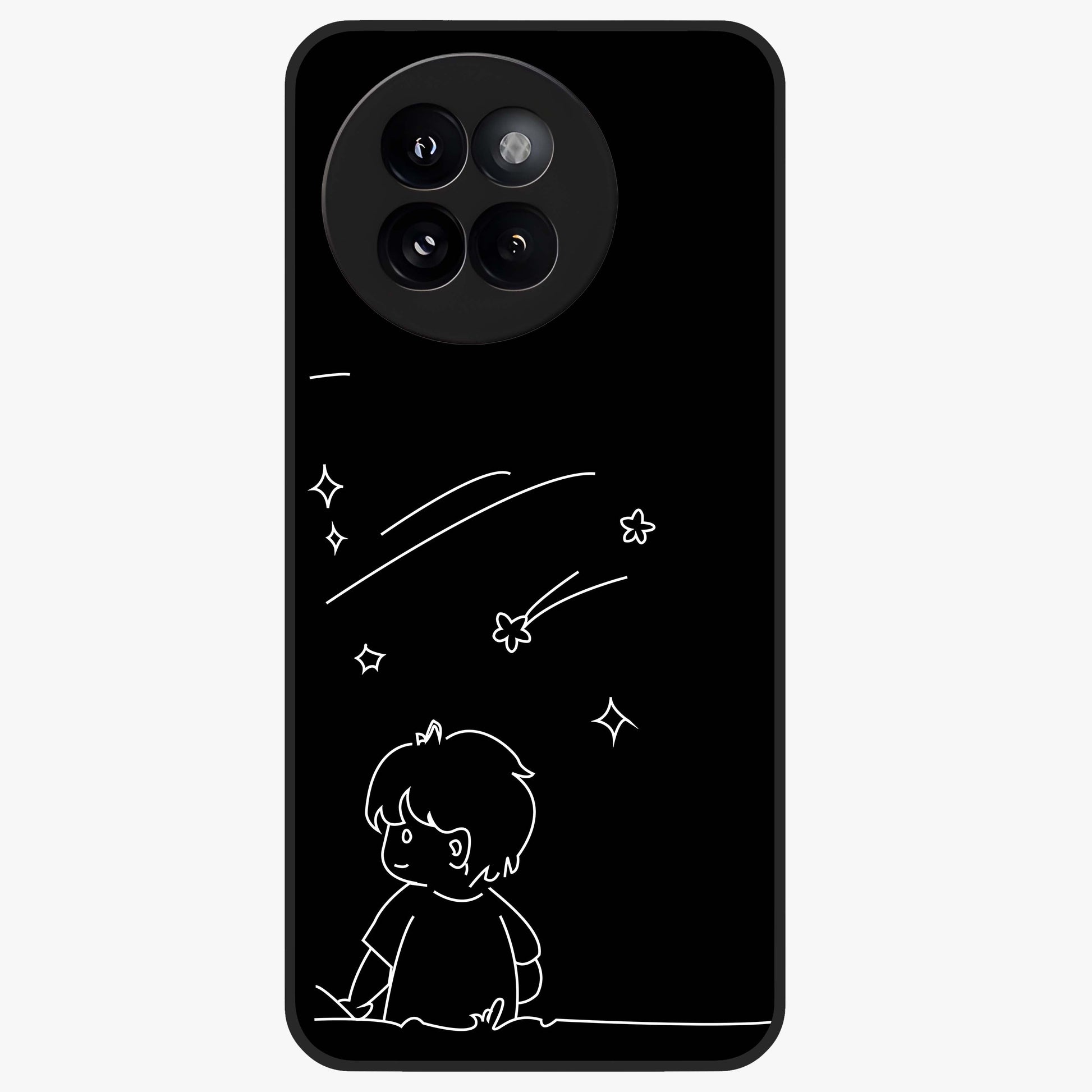 Line Art Boy With Shooting Stars Glass Case showing flat back view with minimal line art boy and shooting stars illustration and glossy glass finish.
