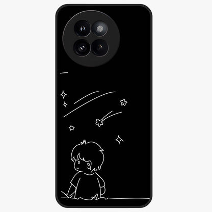 Line Art Boy With Shooting Stars Glass Case showing flat back view with minimal line art boy and shooting stars illustration and glossy glass finish.