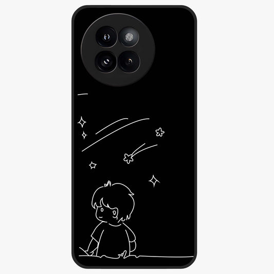 Line Art Boy With Shooting Stars Glass Case showing flat back view with minimal line art boy and shooting stars illustration and glossy glass finish.