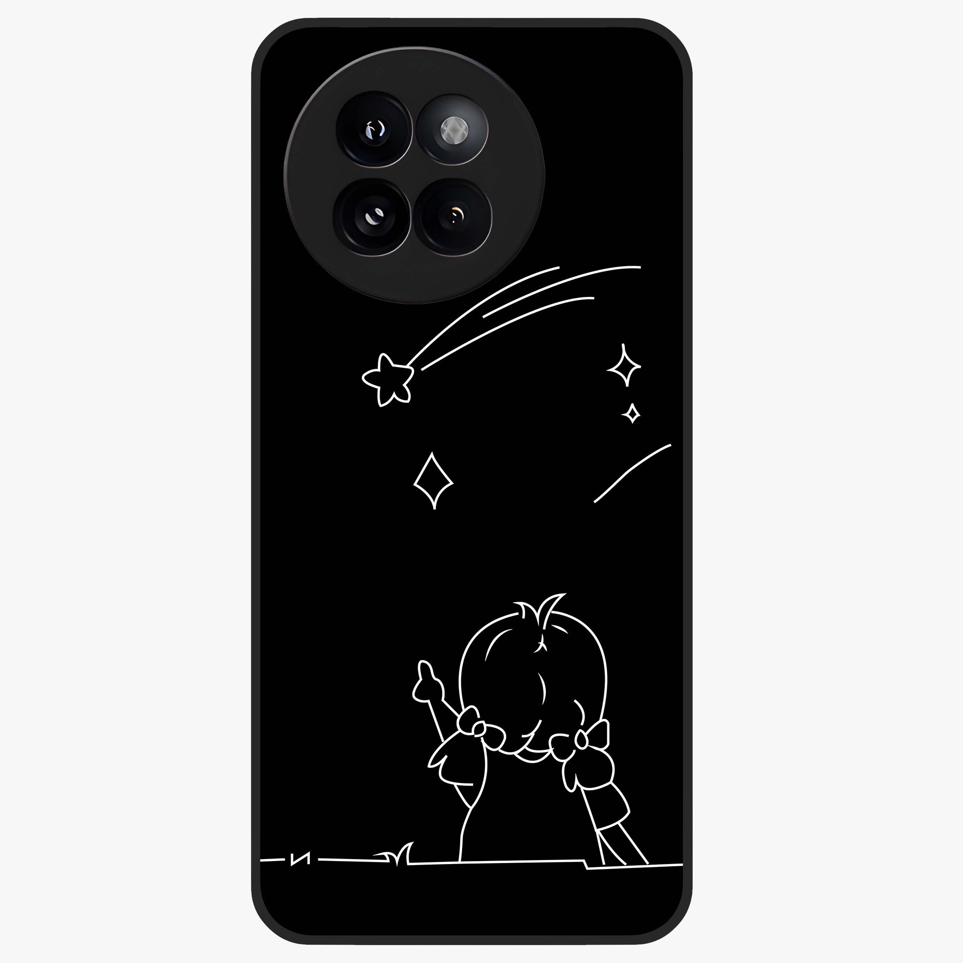 Line Art Girl With Shooting Stars Glass Case showing flat back view with minimal line art girl and shooting stars illustration and glossy glass finish.