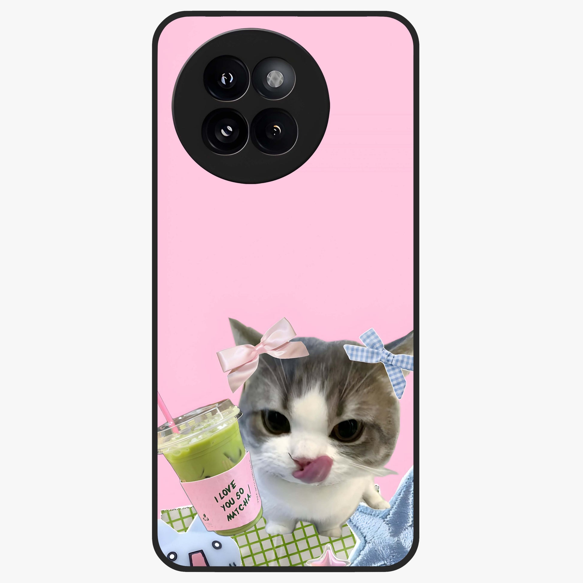 Love Matcha Cat Glass Case showing flat back view with cute cat and matcha themed artwork and glossy glass finish.