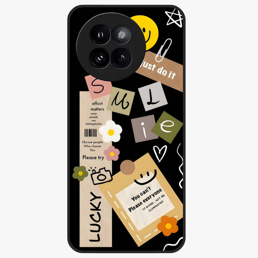 Lucky Aesthetic Collage Glass Case showing flat back view with trendy aesthetic collage artwork and glossy glass finish.