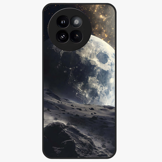 Lunar Horizon Glow Glass Case showing flat back view with glowing moon horizon artwork and glossy glass finish.