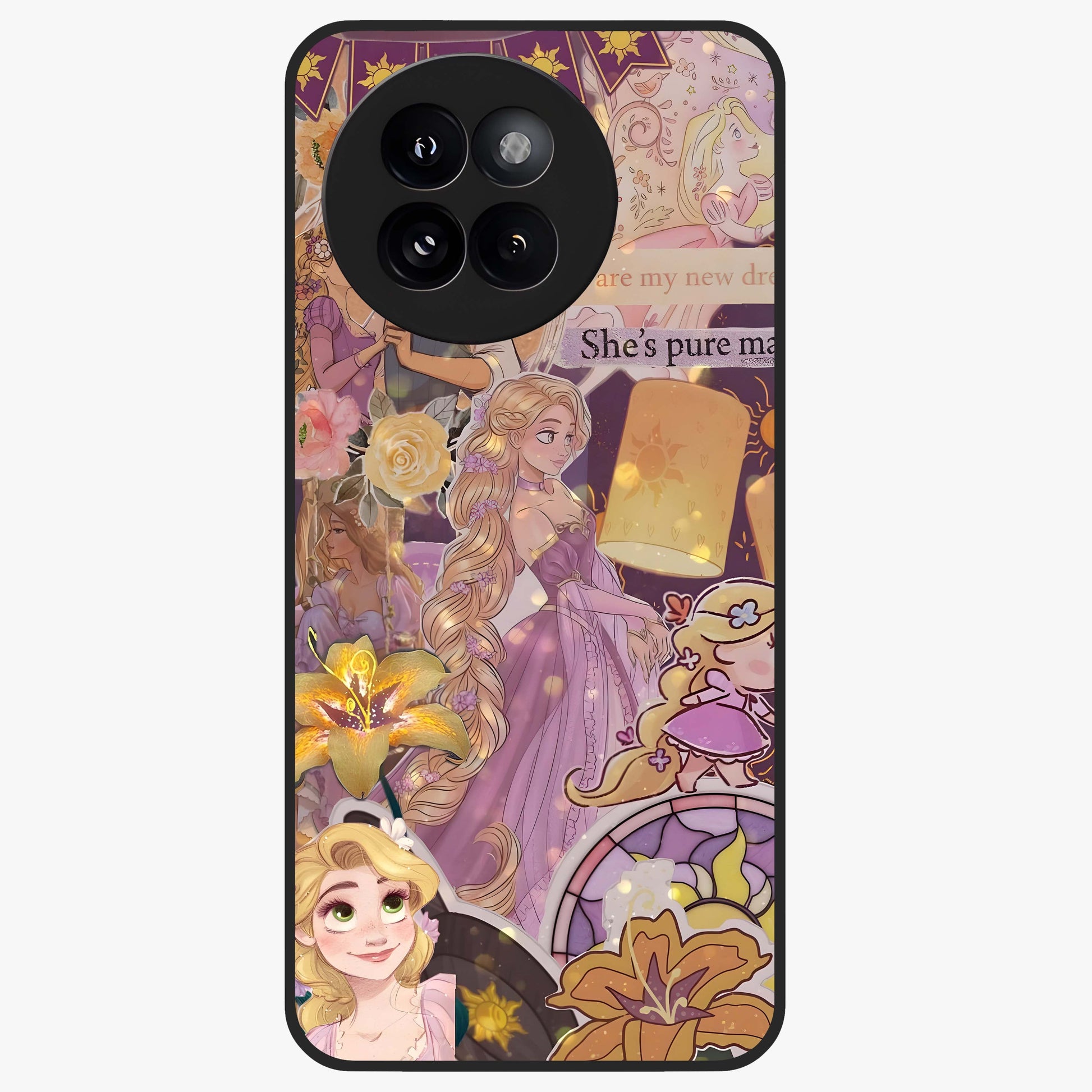 Magical Tangled Dream Glass Case showing flat back view with dreamy tangled artwork and glossy glass finish.