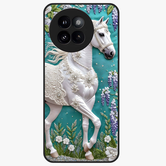 Majestic Floral Stallion Glass Case showing flat back view with powerful horse and floral artwork and glossy glass finish.