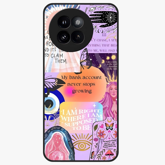 Manifestation Collage Glass Case showing flat back view with motivational collage artwork and glossy glass finish.