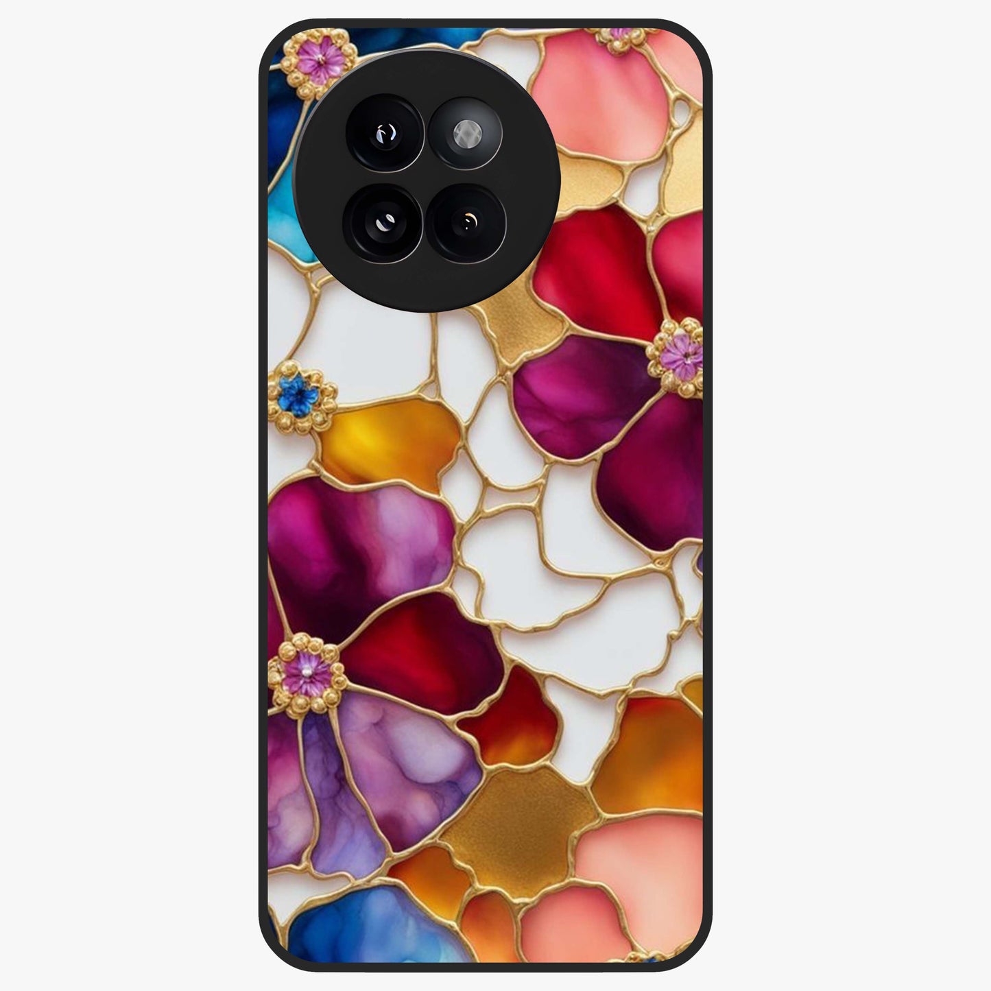 Marble Flower Pattern Glass Case showing flat back view with marble texture floral artwork and glossy glass finish.