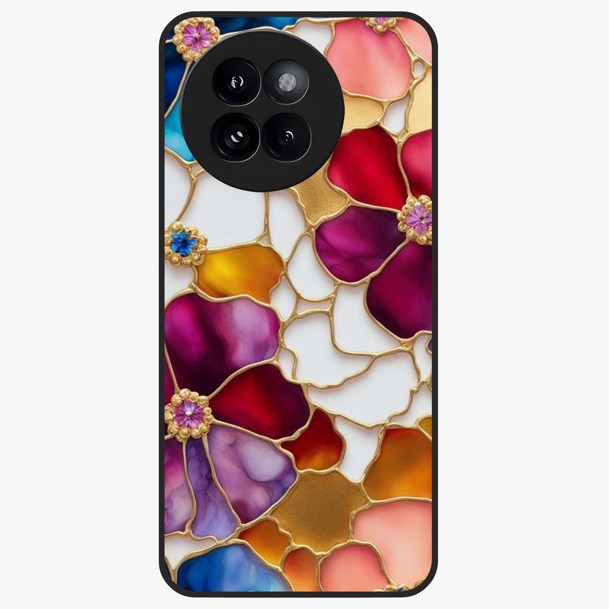 Marble Flower Pattern Glass Case showing flat back view with marble texture floral artwork and glossy glass finish.