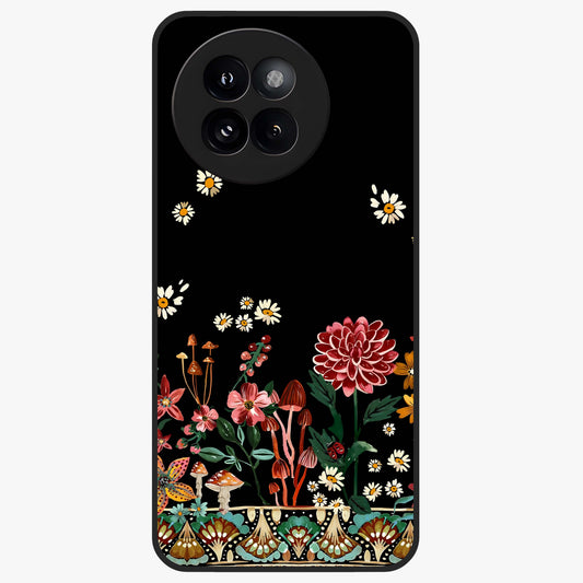 Midnight Bloom Pattern Glass Case showing flat back view with dark floral pattern artwork and glossy glass finish.