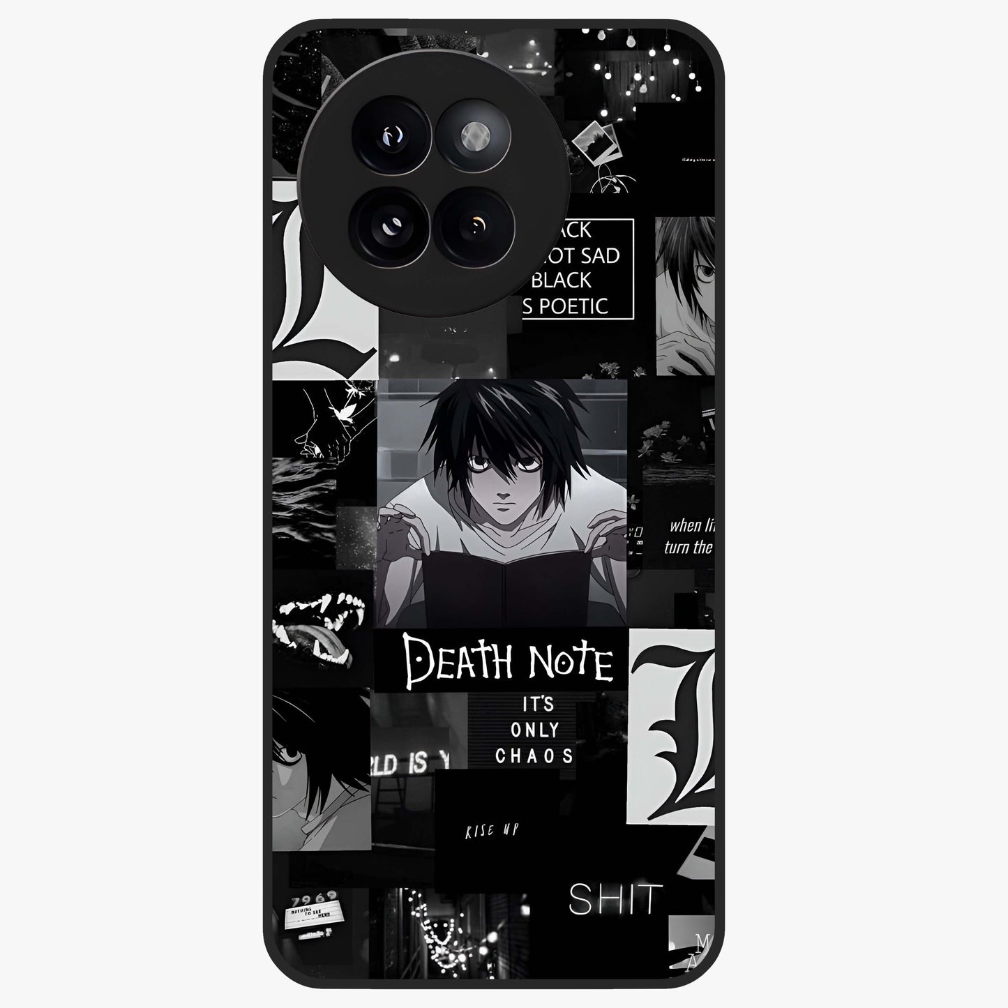 Midnight Chaos Mind Glass Case showing flat back view with abstract dark themed artwork and glossy glass finish.