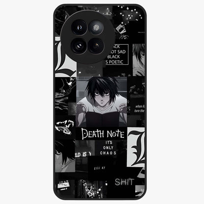 Midnight Chaos Mind Glass Case showing flat back view with abstract dark themed artwork and glossy glass finish.