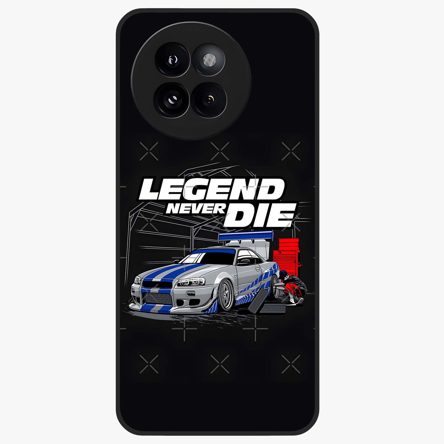 Midnight Racing Legacy Glass Case showing flat back view with sleek racing inspired artwork and glossy glass finish.