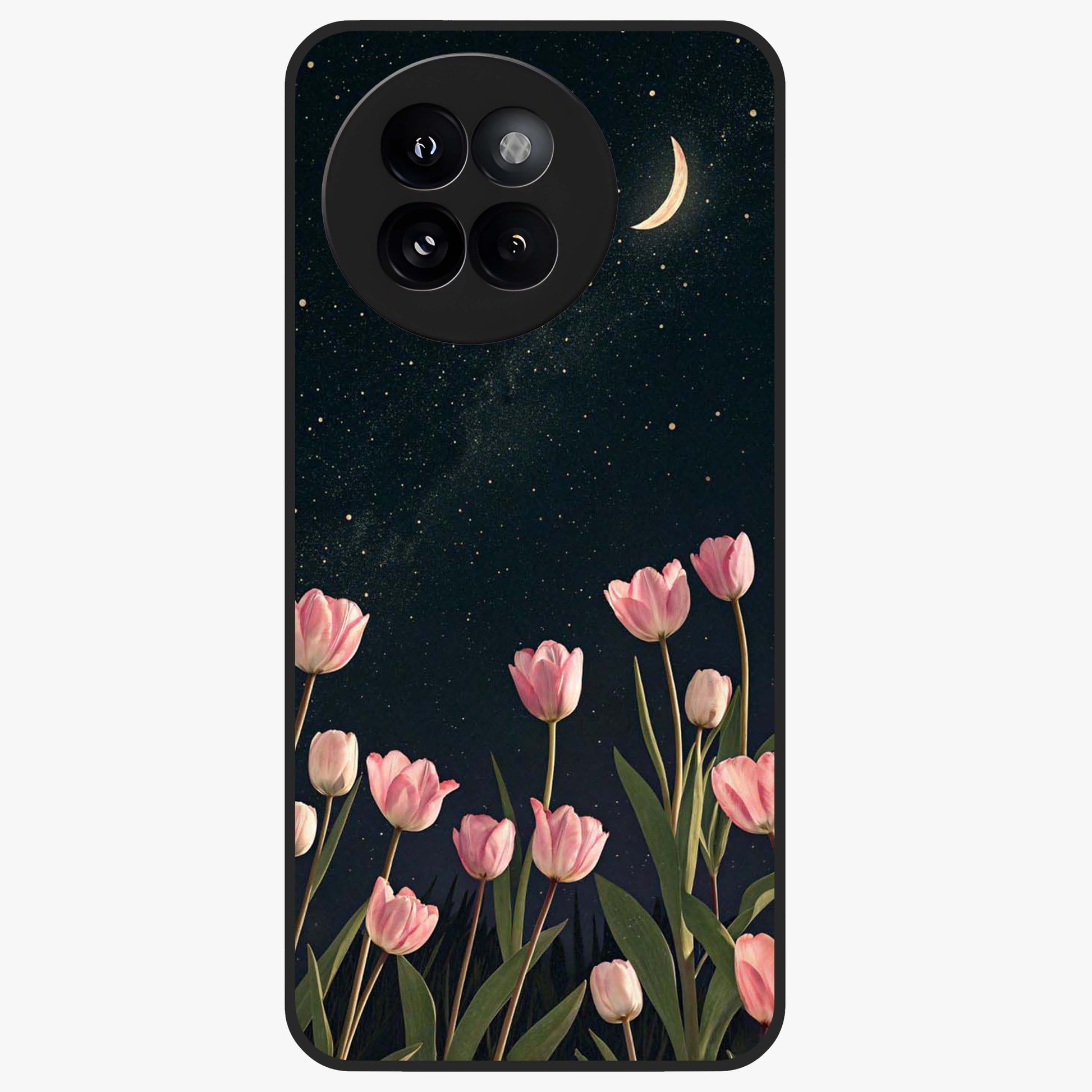 Midnight Tulip Whispers Vibe Glass Case showing flat back view with elegant tulip flower artwork and glossy glass finish.