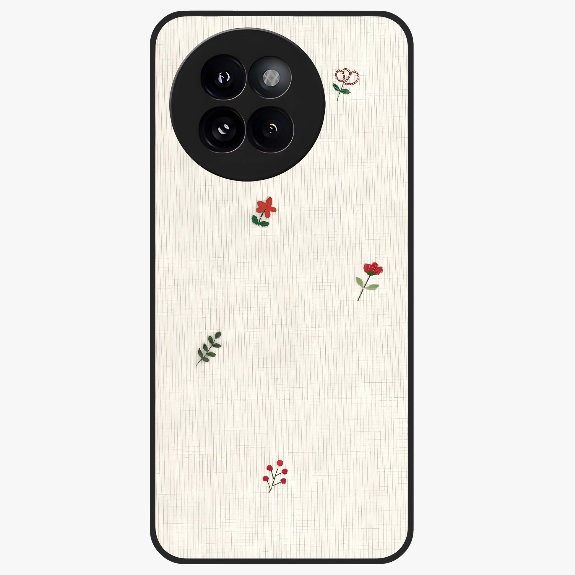 Minimal Petal Whispers Glass Case showing flat back view with soft minimal floral artwork and glossy glass finish.