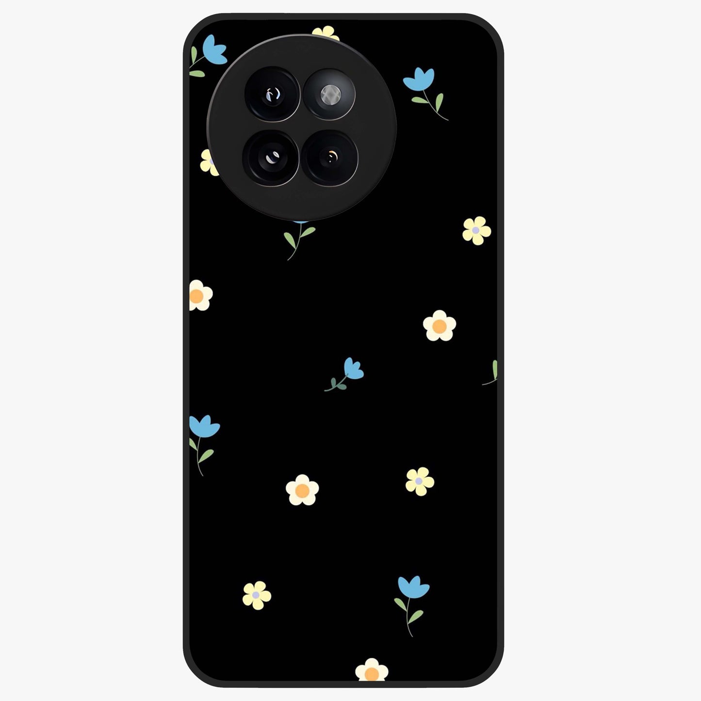 Minimalistic Blue With White Flower Pattern Glass Case showing flat back view with blue background and white flower pattern and glossy glass finish.