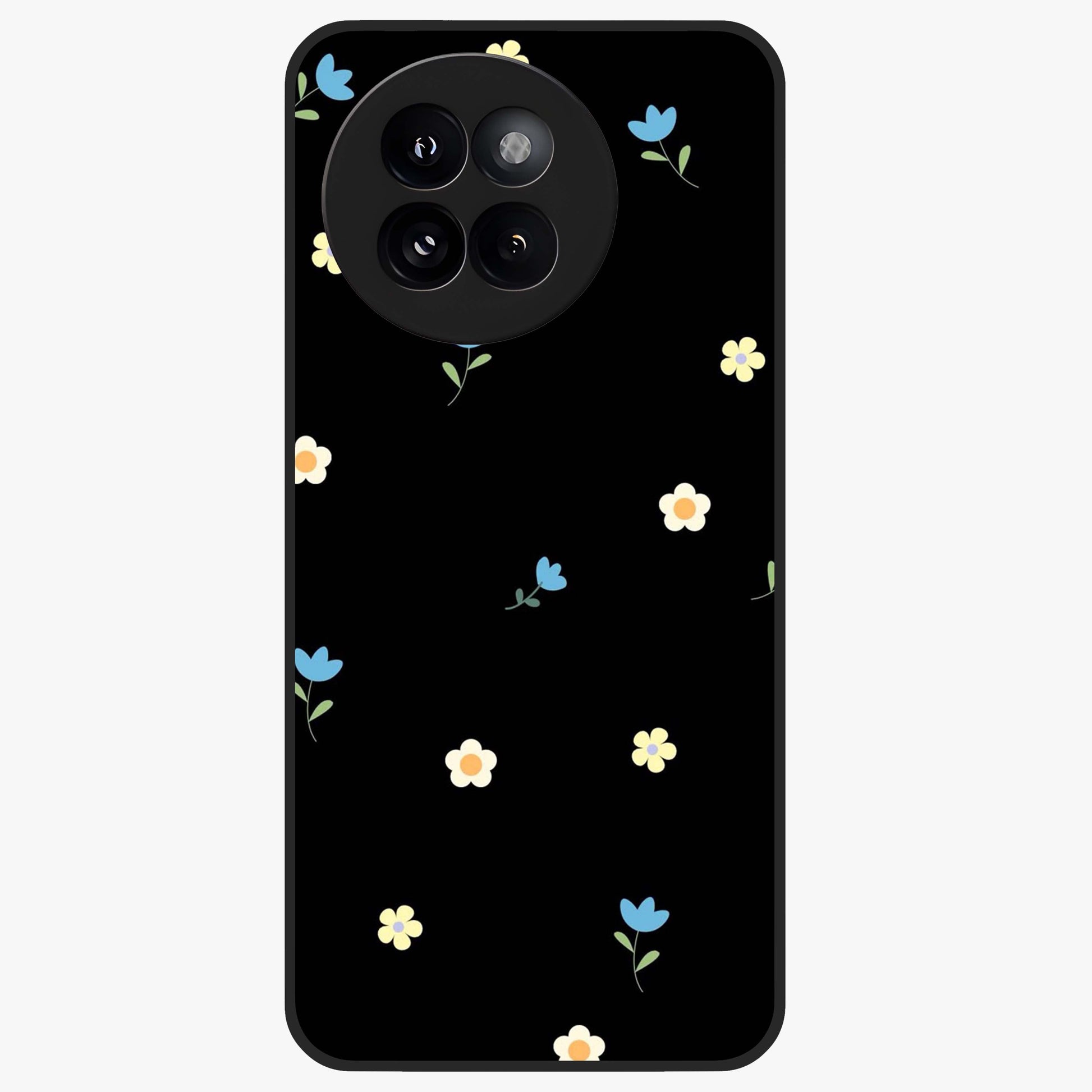 Minimalistic Blue With White Flower Pattern Glass Case showing flat back view with blue background and white flower pattern and glossy glass finish.