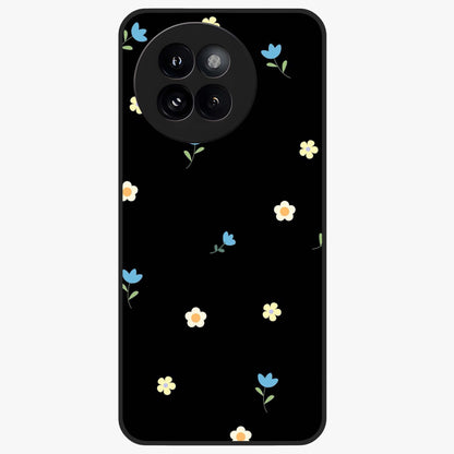 Minimalistic Blue With White Flower Pattern Glass Case showing flat back view with blue background and white flower pattern and glossy glass finish.