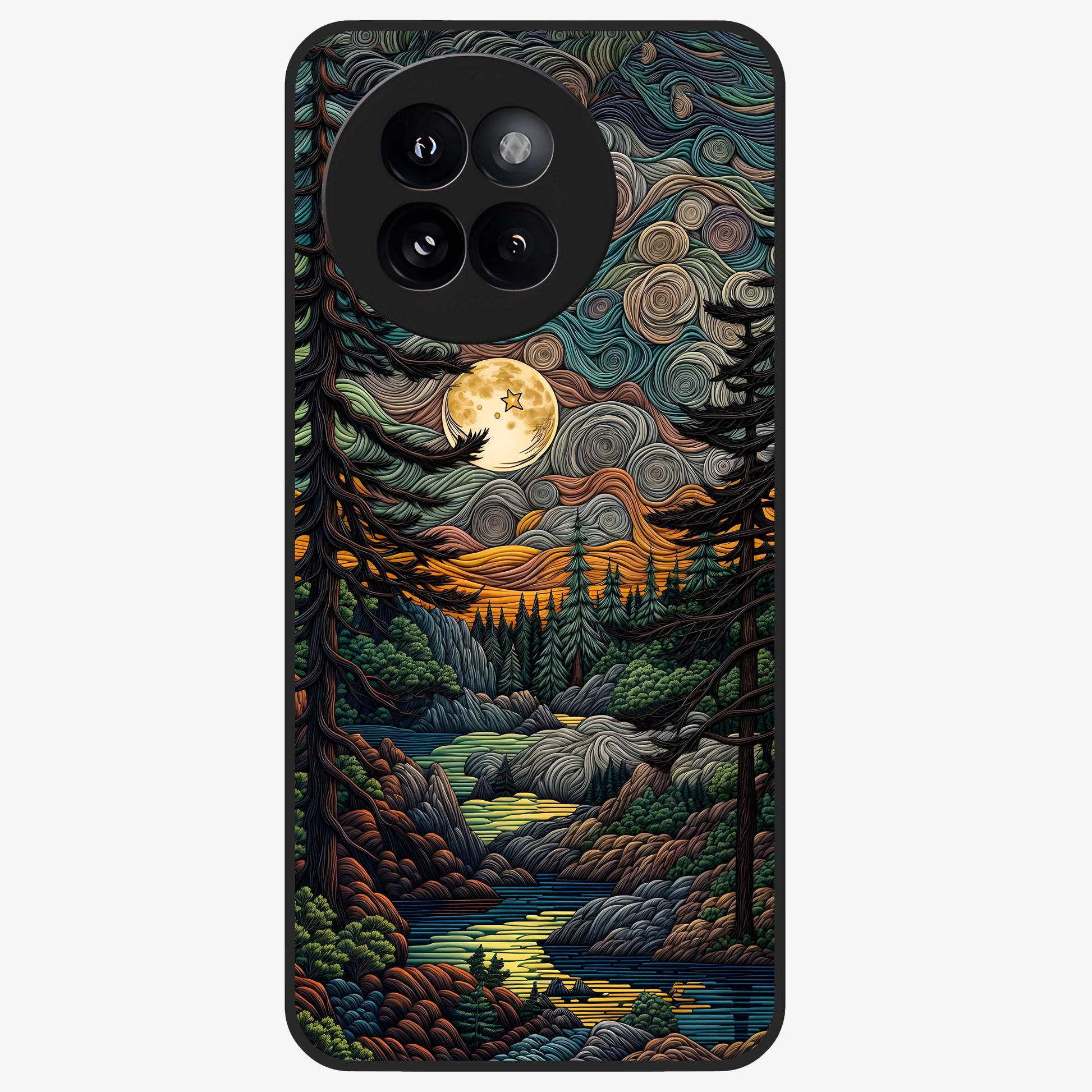 Moonlight Forest Dream Glass Case showing flat back view with mystical forest moonlight artwork and glossy glass finish.