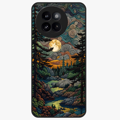 Moonlight Forest Dream Glass Case showing flat back view with mystical forest moonlight artwork and glossy glass finish.