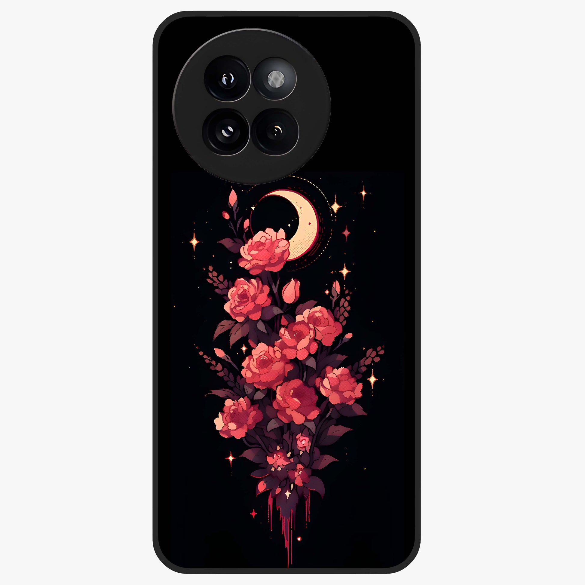 Moonlit Floral Elegance Glass Case showing flat back view with elegant floral artwork under moonlit tones and glossy glass finish.