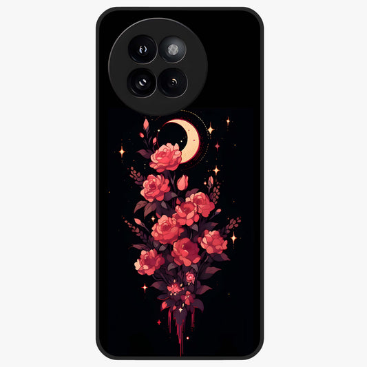 Moonlit Floral Elegance Glass Case showing flat back view with elegant floral artwork under moonlit tones and glossy glass finish.