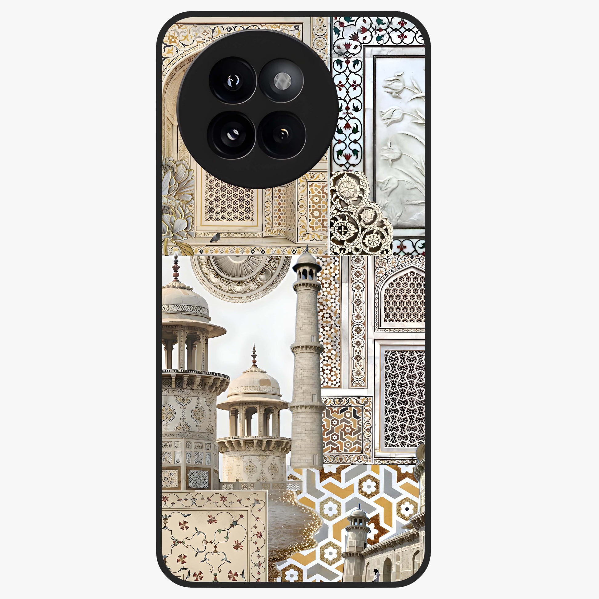 Mughal Marble Legacy Glass Case showing flat back view with intricate Mughal inspired marble pattern and glossy glass finish.